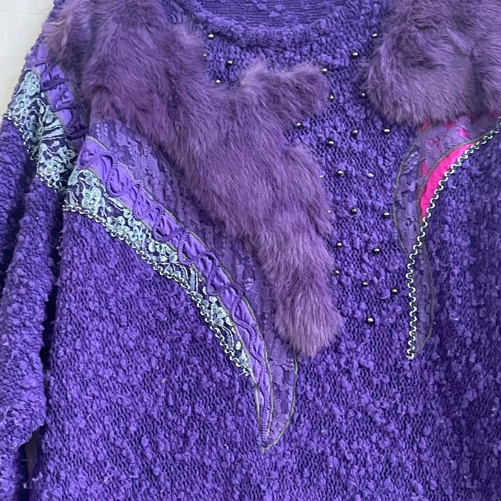 20 Ans Purple Art‎ to Wear Sweater M/L Faux Fur Sequin Beaded Knit Statement Top